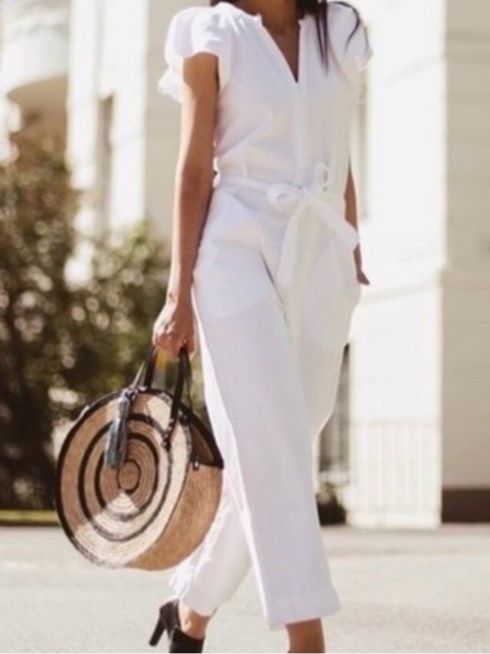 Zara White V-Neck Tie-Waist Jumpsuit